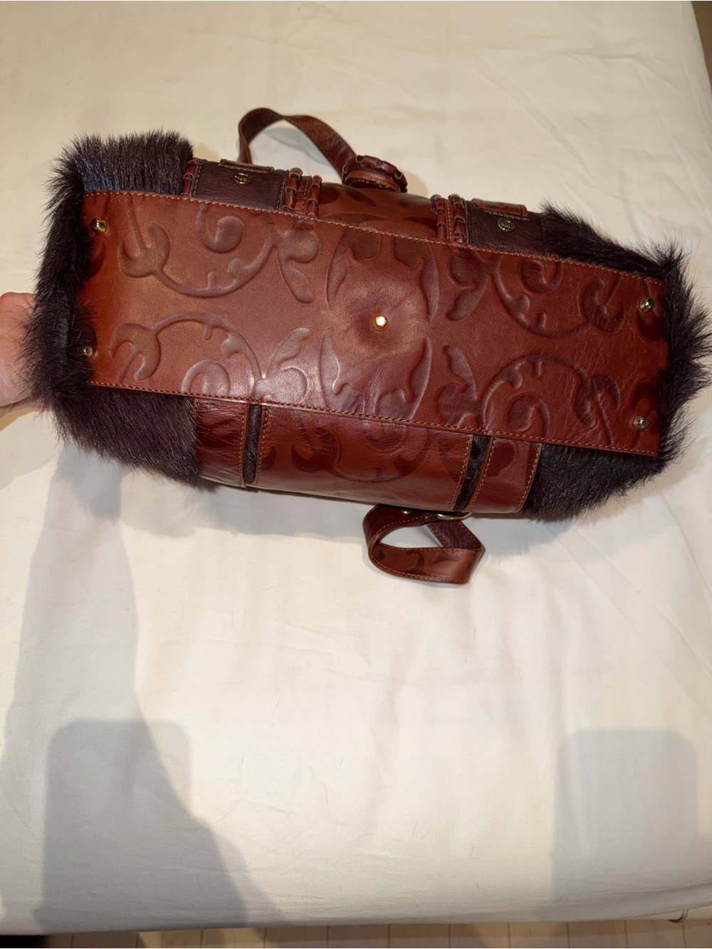 Just Cavalli Vintage brownLeather and Fur Accent Shoulder Bag with Gold Hardware - Picture 4 of 16